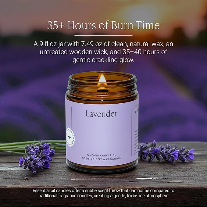 Fontana Candle Co Wood Wick Beeswax Jar Candle, Lavender – Made Safe with Coconut Oil & Pure Essential Oils – 35+ Hrs Clean Burn, Long Lasting and Non-Toxic Candles for Home & Room Decor