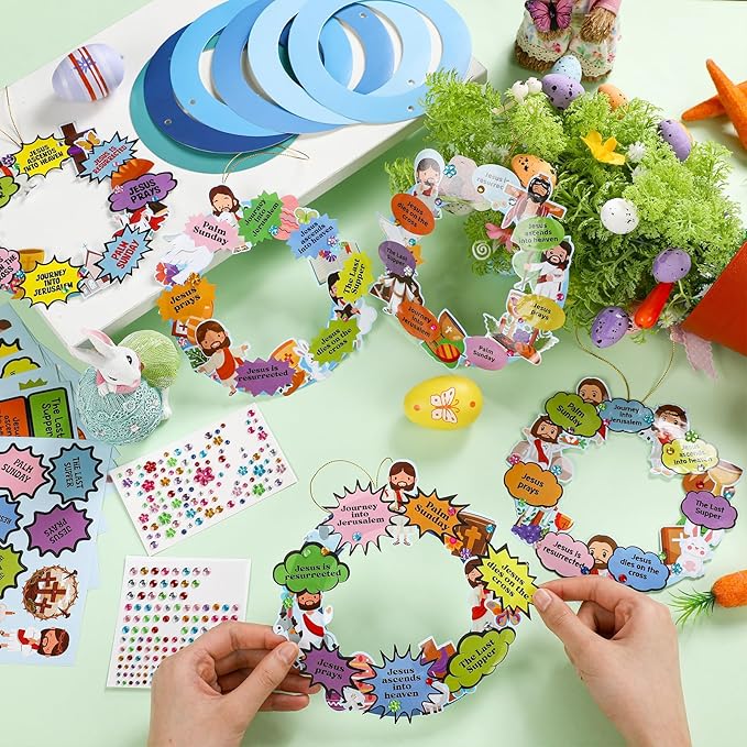 Hollowfly 48 Sets Religious Wreath Craft Kit Bulk Holy Week Wreath Crafts Kit Religious Jesus Ornaments DIY Paper Jesus Craft Decorations with Stickers for Christian Party Activities