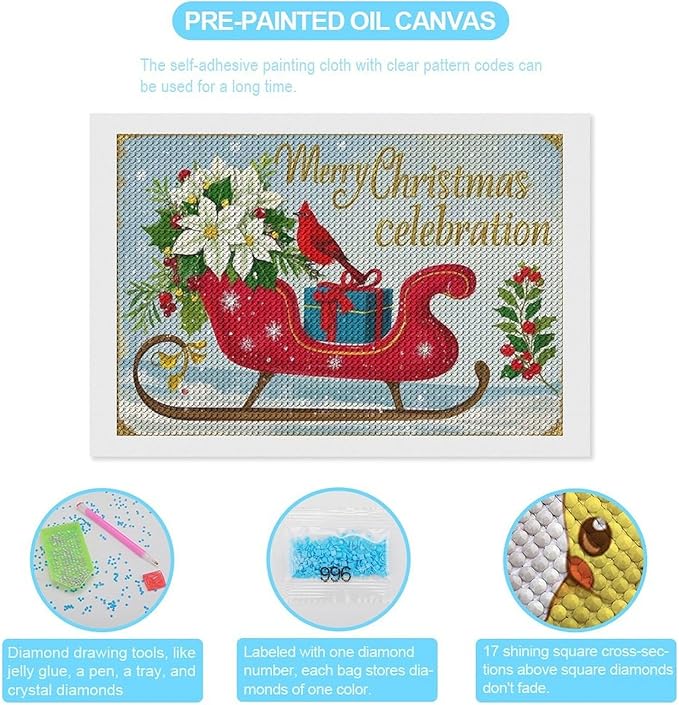 Diamond Painting Kits for Adults - Red Sleigh with Poinsettias, Cardinal Bird Merry Christmas Painting DIY 5D Full Drill Diamond Dots Paintings with Diamonds Gem Art And Crafts Home Decor 8"x12"