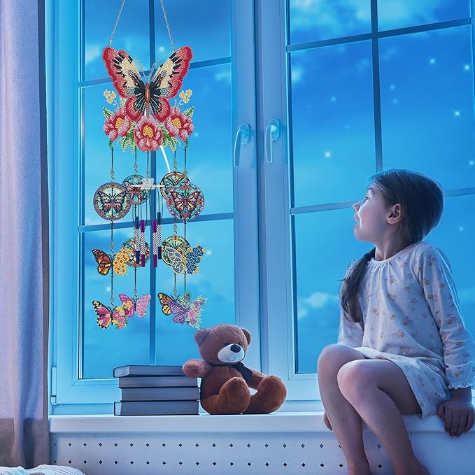 Butterfly Diamond Art Wind Chimes DIY Kits 5D Diamond Art Painting Wind Chime Hanging Ornament Set Double Sided Special Shaped Beads by Number Stitch Butterfly Wind Chime Pendant for Yard Home Decor
