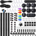 Cable Management Kit - 4 Cable Sleeve, 57 Self Adhesive Cable Clips, 12 Hanging Strips, 12 Cable Organizer Straps and 100 Fastening Cable Ties for TV Computer Under Desk (Black and White)