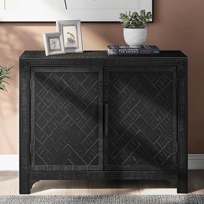 Amposei Wooden Accent Cabinet 40-Inch Vintage Sideboard Coffee Bar Cabinet 2-Door Entryway Storage Cabinet with Adjustable Shelf for Living Room Entrance, Black