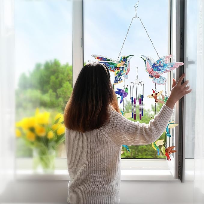 Hummingbird Diamond Art Wind Chimes DIY Kit 5D Diamond Art Painting Wind Chime Hummingbird Hanging Pendant Double Side Special Shape Rhinestones by Number Mosaic Wind Chime for Yard Porch Tree Decor