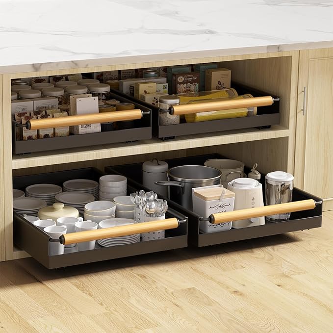 2 Pack Pull Out Cabinet Organizer, 15.3'' Deep Expandable Slide Out Cabinet Organizer Fixed with Adhesive Nano Film, Slide Out Drawers Pull Out Tray for Cabinet in Kitchen, Pantry, Bathroom, Black