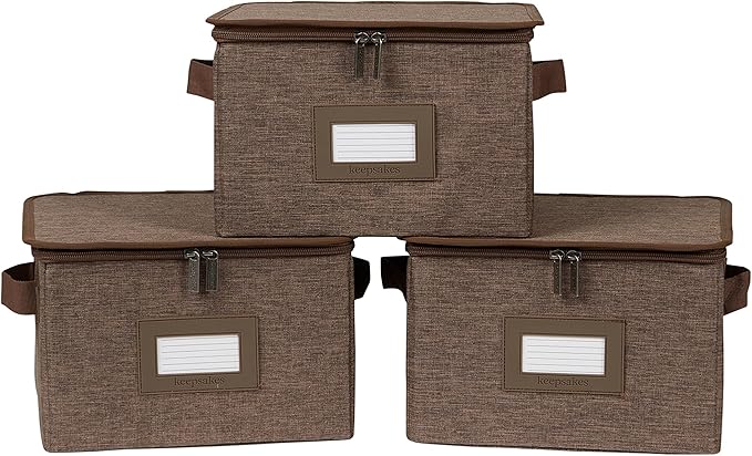 Covermates Keepsakes Zip-Top Storage Box Set, 3 Pack Heavy Duty Polyester Organizer Bins, Stackable Design, ID Window, Reinforced Handles, Closet Home Storage, Brown Heather