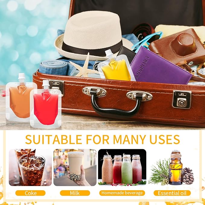 100 Pcs Plastic Pouches Bulk Clear Juice Bags Squeeze Pouches Plastic Leak Proof Bags with Funnel for Party Favors (16 oz)