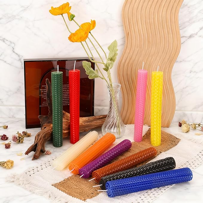 WEJOZEE 8x8 Inch Beeswax Candle Making Kit, Cotton Wick & Stencil - Create Your Own Unique Beeswax Candles-20 Pack -10 Color