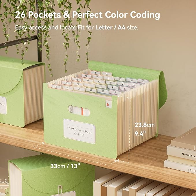 EcoStash Accordion File Organizer, 26 Pockets Wheat Straw Expanding File Folder, Monthly Bill Receipt Organizer, A-Z Tabs, 100% BPA Free, Return to Nature, Healthy Living, Letter/A4 Size - Mint Green