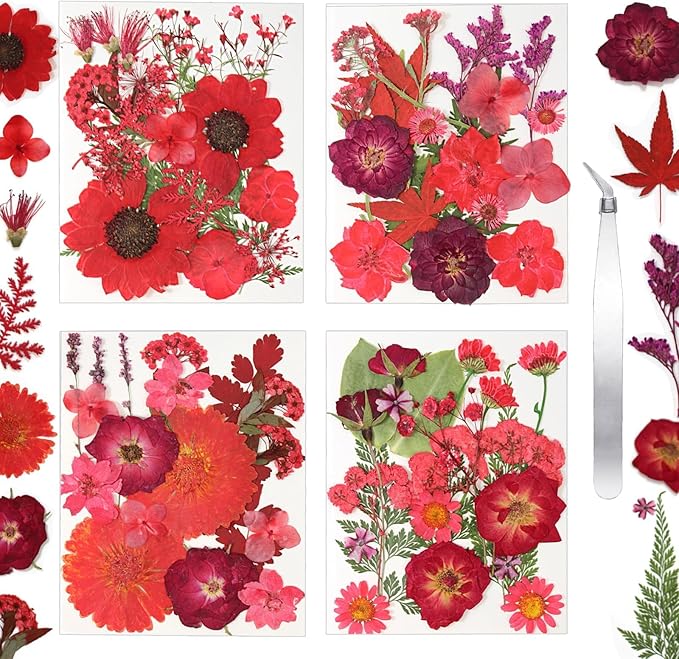 CONVELIFE Dried Flowers for Resin, Vacuum Packed DIY Pressed Flowers for Epoxy, Jewelry, Candles, Soap, Nail Production (80PCS Red Dried Flowers)