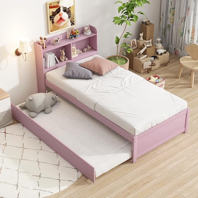 Harper & Bright Designs Twin Size Platform Bed with Bookcase Headboard and Trundle, Wooden Twin Platform Bed Frame with Bookself for Kids Girls Boys, Pink