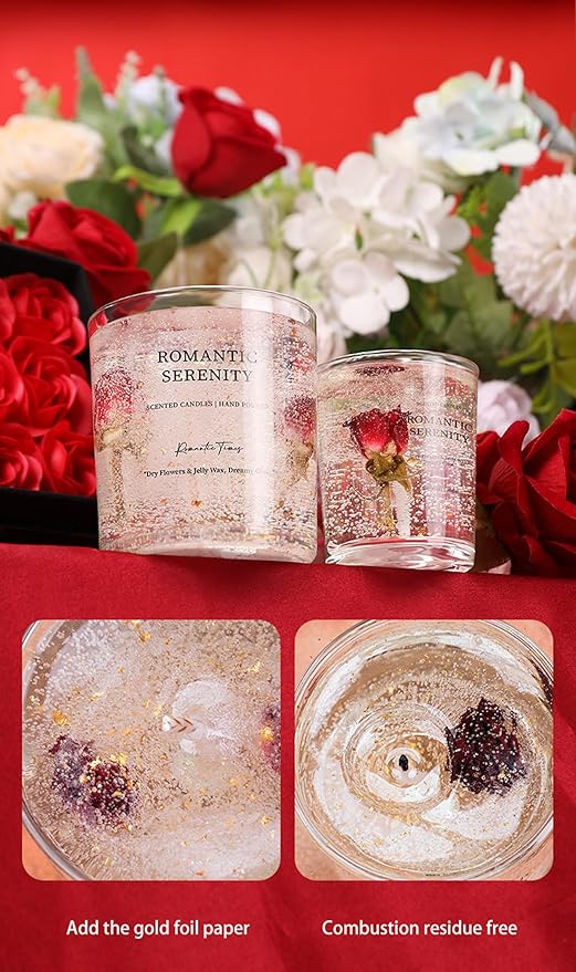 Gel Wax Candle,Sparkling Real Rose & Gold Flakes Candle in Glass Jar,Floral Scented,Smokeless Clean Burn,Glam Home Decor or Wedding,Bridesmaid Gift,Photo Prop,Self Love Healing (Floral)
