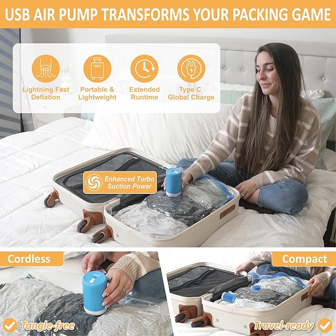 Cozy Essential Travel Vacuum Storage Bags with Rechargeable Cordless USB Pump, Space Saver Bags for Luggage, Suitcase, Carry-On, for Clothes, Blankets, Bedding & Seasonal Storage,22 Combo