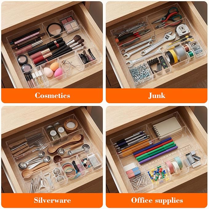 Large Acrylic Desk Deep Drawer Organizer with Adjustable Dividers, Anti-skip Clear Desk Top Junk Drawer Storage Tray for Pens, Desktop, Office, Bathroom, Kitchen, Makeup Supplies(7 Compartments)