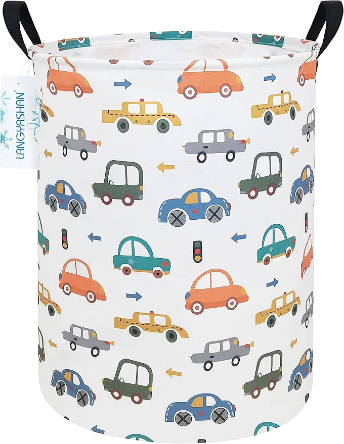 LANGYASHAN Laundry Basket Canvas Fabric Collapsible Organizer Basket for Storage Bin Toy Bins Gift Baskets Bedroom Clothes Children Nursery Hamper (Round Color Cars)