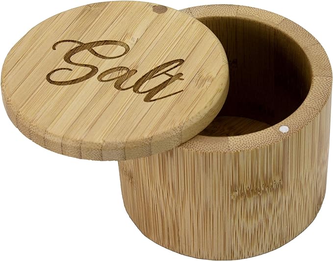 Totally Bamboo Salt Cellar Bamboo Storage Box with Magnetic Swivel Lid, 6 Ounce Capacity, Salt Engraved on Lid
