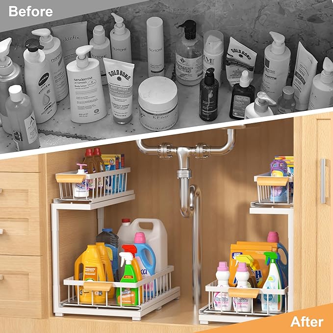 Under Sink Organizer 2 Tier, Pull Out Drawer Slides Under Sink Storage for Bathroom Kitchen,Multi-Purpose Drawer Under Cabinet Organizer for Cleaning Supplies (White, Large-2 Pack)