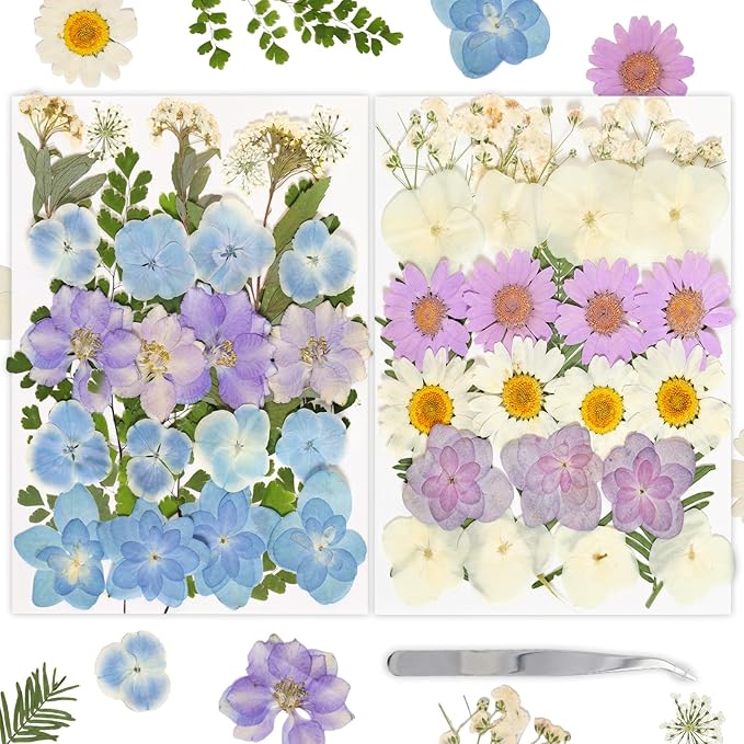 Dried Pressed Flowers Real Pressed Flowers Natural Dry Leaves Bulk Mixed Colorful Herbs Kit with Tweezers for Scrapbooking DIY Candle Jewelry Crafts Making Nails (White, Purple, Blue)