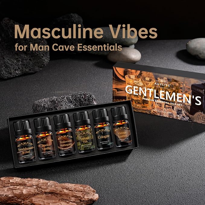 Men Essential Oils Set for Diffuser, Father's Day Gift for Men - 6x10ml Masculine Fragrance Oils for Candle Making, Scented Oil Gift Set, Mahogany, Sandalwood, Cologne, Smoke Vanilla, Oak, Leather