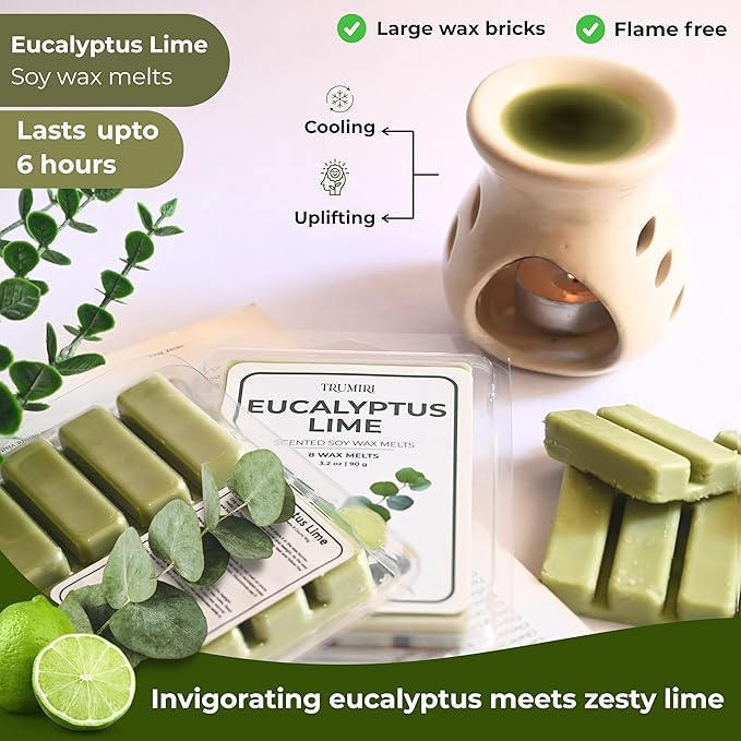 TRUMIRI Eucalyptus Lime Scented Wax Melts - Made with Non Toxic Soy Wax and Essential Oils - Long Lasting Strong Scent Pet Safe Aromatherapy Candle Wax Cubes Tarts for Warmers