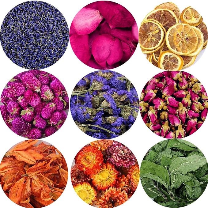 9 Bags Set Dried Flowers - Candle Making Soap Making DIY Candel Natural Flowers-,Lily,Don't Forget Me,Lavender,Mint Leaf,Rose Petal, Red Rose,Globe Amaranth,Chrysanthemum.