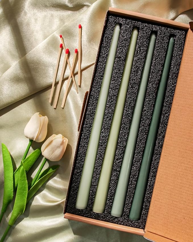 Viyffo 12 Inch Green Taper Candles 4 Pack Unscented Smokeless Long Tall Tapered Candles for Candlesticks Sticks Wedding Home Decor Dinner