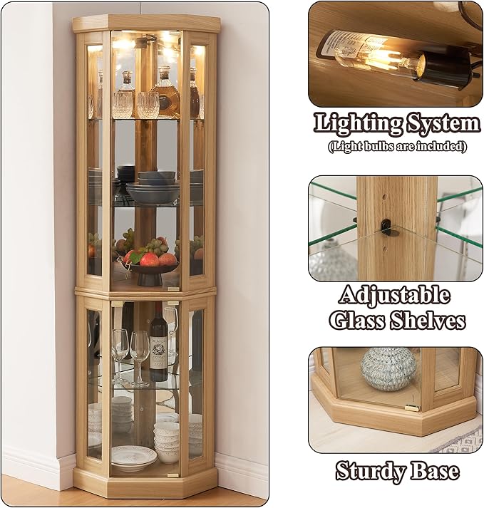 69" H Lighted Curio Cabinet Corner Display Case,Corner Glass Cabinets with Tempered Glass Door and Adjustable Shelves,Wooden Curio Cabinet with Mirrored Back Pane (Style 2 - Light Oak)
