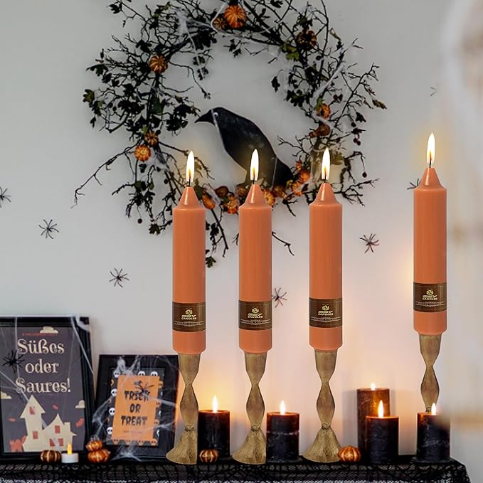 4 Pack Handmade 7 inch Pumpkin Taper Candles Sticks Unscented Short Tapered Candle Ideal as Smokeless Long Burning Candlesticks for Halloween Thanksgiving Dinner Autumn Wedding Home Decor Candles