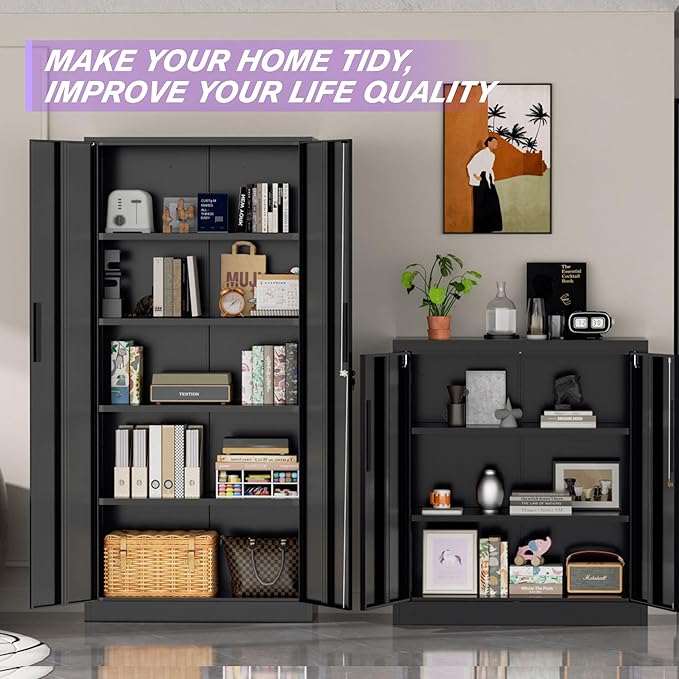 Superday 36" Metal Storage Cabinet, Black Garage Storage Cabinets with Locking Doors and Adjustable Shelves, Steel Lockable Cabinets, Tool Cabinet for Home Office, Garage, School