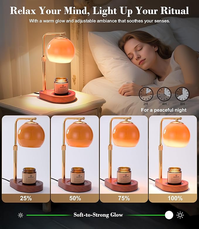 Amber Glass Candle Warmer Lamp Adjustable Height Dimmer 2 4 8 Hour Timer Dark Wood Base Wax Melter Includes Scented Candle and 2 Bulbs for Cozy Bedroom Living Room Home Decor