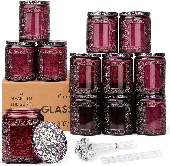LumaCraft Luxury Embossed Glass Candle Jars for Making Candles - 12 Pack Empty Candle Containers with Airtight Metal Lids, 20 Wicks & 20 Stickers, Colored Glass Jars for Gifts & Decor-8OZ