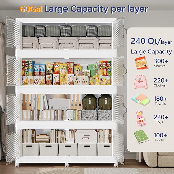 240GAL Plastic Storage Bins with Lid, 960QT Extra Large Stackable Closet Organizers and Storage, Collapsible Storage Boxes with Wheels, Folding Cabinet for Home Kitchen Office, 4Pack White
