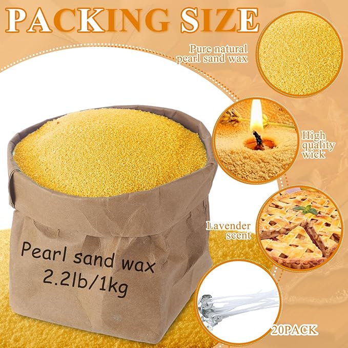 Conelist 2.2 lb Apple Pie Scented Pearled Candle Sand Wax Set Customized Powder Making Candles Refill Kit Palm Wax All Natural Non Toxic with 20 Wicks for Christmas Gifts DIY(Caramel Color)