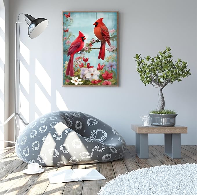 GUAIEUW Red Bird Bouquet Diamond Painting Kit for Adults, Full Round Diamond Cardinal Bird 5D Diamond Painting DIY Art Crafts for Winter Home Wall Decor Holiday Gift 18x24 Inch