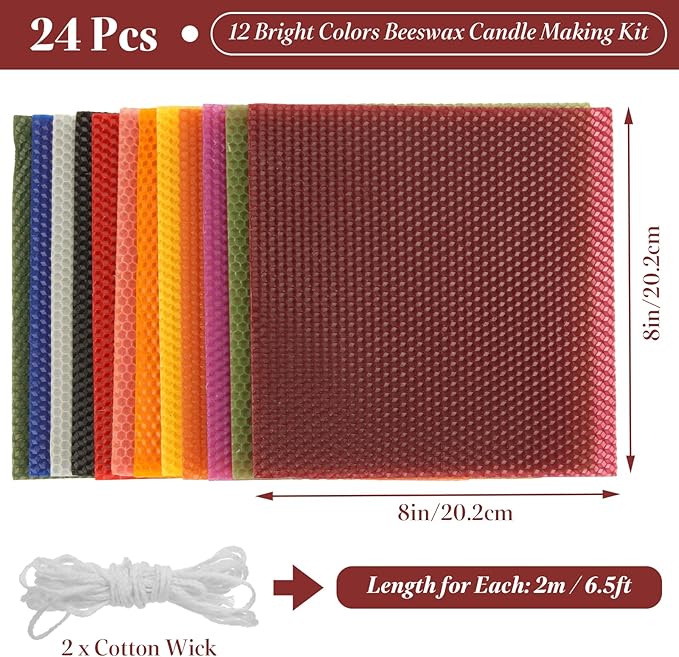 LDHHYH 24pcs 8 x 8 Inch Beeswax Sheets for Candle Making, 12 Bright Colors Beeswax Candle Making Kit for Adults, Wax Honeycomb Sheet with Cotton Wick for DIY Craft Gift