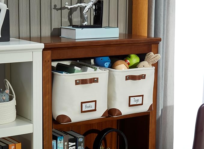 DECOMOMO White Storage Bins Fabric Storage Baskets for Shelves & Linen Closet Organization (Creamy White W/ Label holder, Large - 3 Pack)