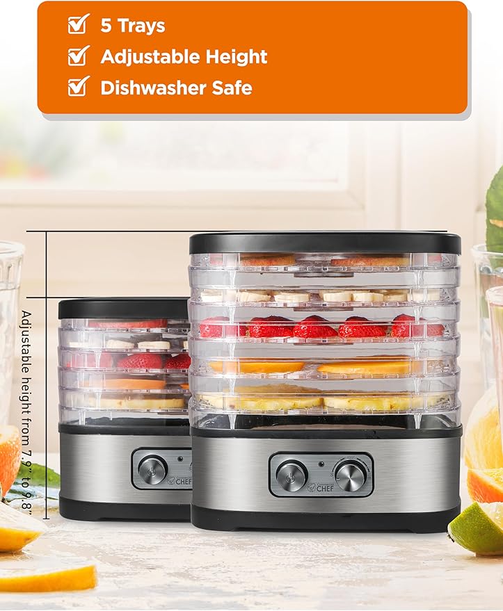 COMMERCIAL CHEF Food Dehydrator, 5 BPA-Free 10” x 9.25” Adjustable Height Trays, Stainless Dehydration Machine for Beef Jerky, Dehydrated Vegetables, Fruits and More, CHD200S, Black/Stainless Look