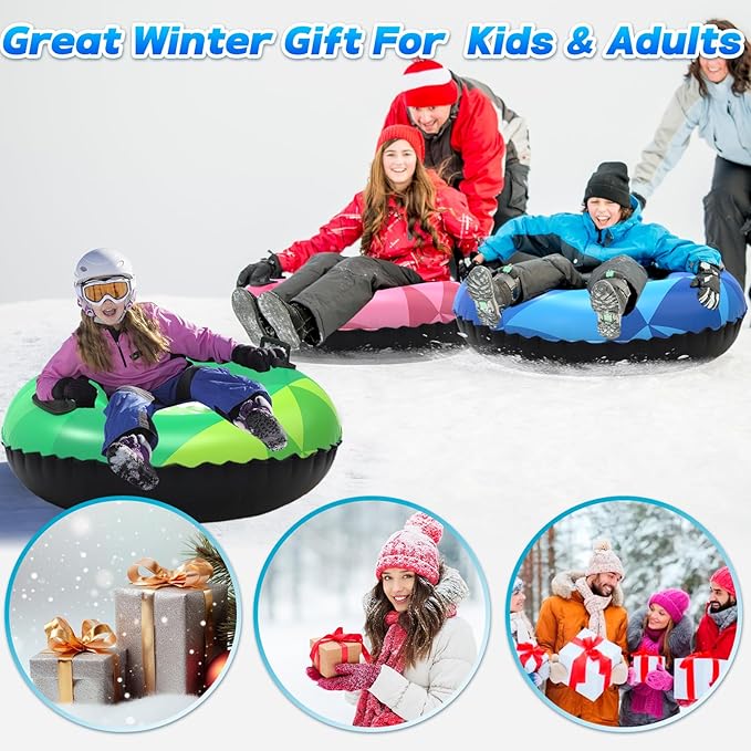 WOLKEK 3Pack Snow Tubes, Snow Sled for Kids and Adults, Cold-Resistant Inflatable Snow Tube, Thickened Heavy Duty Sleds for Winter with Handles, Snow Toys, Snow Sleds for Family Activities Outdoor Fun