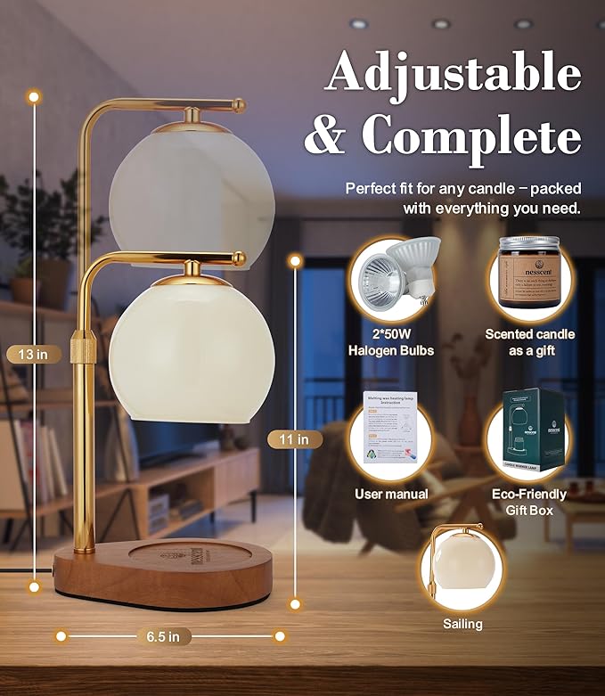 Ivory Glass Candle Warmer Lamp Adjustable Height Dimmer 2 4 8 Hour Timer Dark Wood Base Wax Melter Includes Scented Candle and 2 Bulbs for Cozy Bedroom Living Room Home Decor