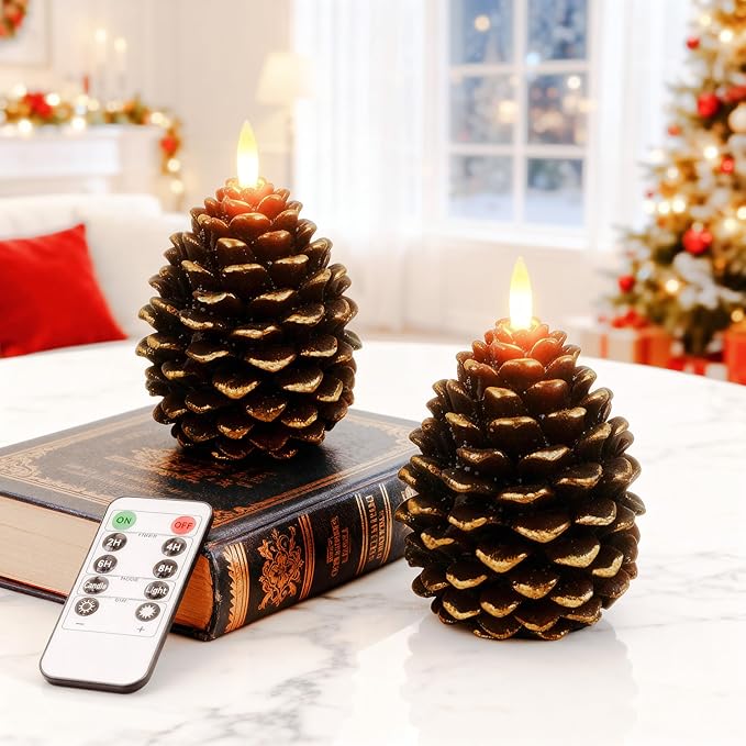 2pcs Flameless Pinecone Candles with Remote, Battery Operated Pine Cone Candles Real Wax Winter Decor, Flickering LED Christmas Decoration, D3.5 x H5 Inch, Brown & Gold Trim