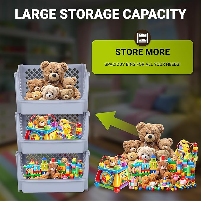 Skywin TidyFriend Plastic Stackable Bins for Pantry, 3 Pack Large Stacking Bins Open Front, Toy Organizers, Kitchen, and Bathroom Essentials (Light Grey)