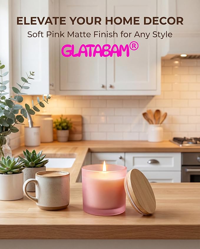 GLATABAM 4 OZ Candle Jars 12 Pack - Bulk Glass Candle Making Jars with Bamboo Lids & Labels, Heat Resistant Empty Reusable Candle Vessel for Containers(Frosted Powder)