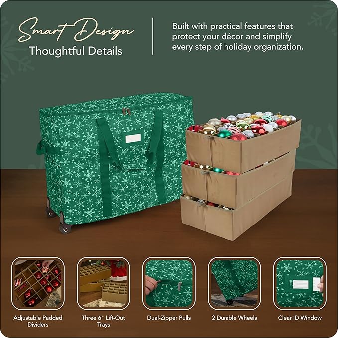 Covermates Keepsakes Rolling Adjustable Ornament Storage Bag – Heavy-Duty Polyester, FlexGrid Trays & Padded Dividers – Protective Holiday Organizer with Wheels, Handles & ID Window, Green Snowflake