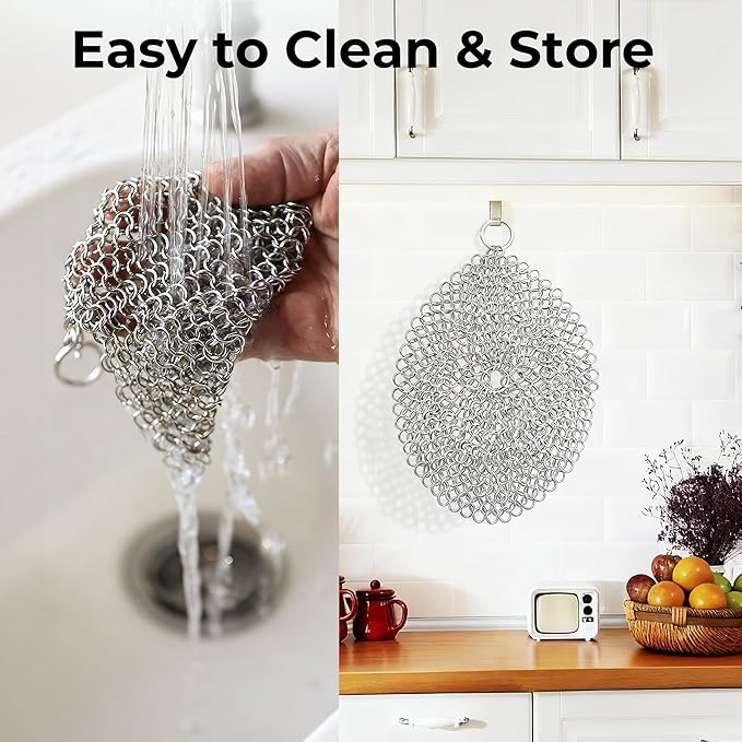 AMAGABELI GARDEN & HOME 7”x7” Cast Iron Cleaner 316L Stainless Steel Chainmail Scrubber for Griddle Skillet Dutch Oven Wok Grills Stainless Steel Pot Cast Iron Pan