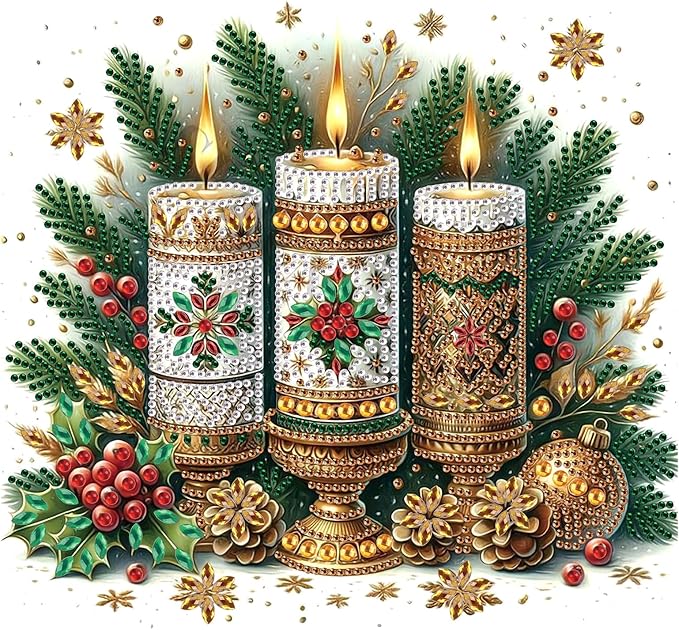 antor Christmas Candle 5D Special Shape Diamond Painting Kits for Adults Beginners, Crystal Rhinestones DIY Christmas Diamond Art Canvas for Home Wall Decoration Gift 12×12 Inch