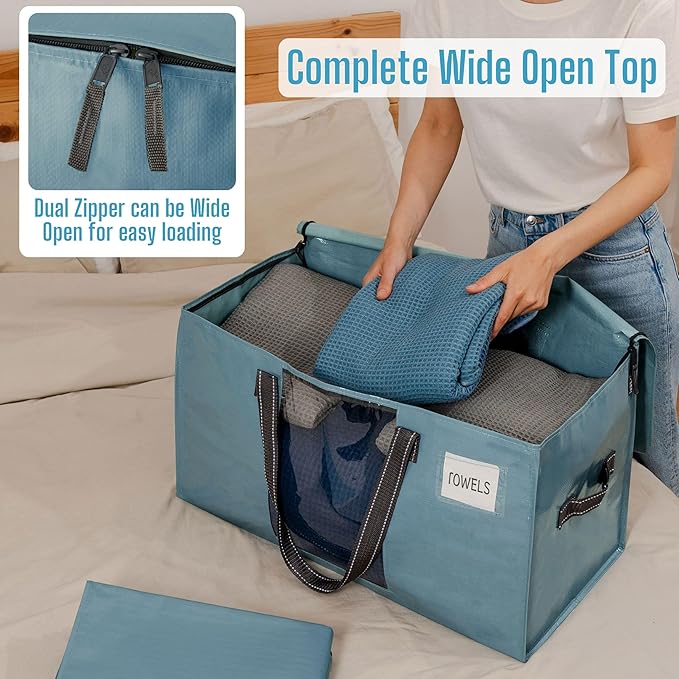 VENO 4 Pack Heavy Duty Moving Bags, Clothes and Comforter Storage Bags with Clear Window, College Dorm Essentials Packing Supplies, Foldable Boxes Alternative (Shiny Light Blue, 4 Pack)