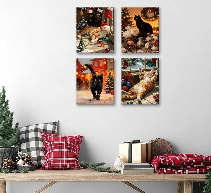 Paint by Number Kit for Adults & Kids, 4 Pack Christmas Cat Scenes 12x16Inch Framed