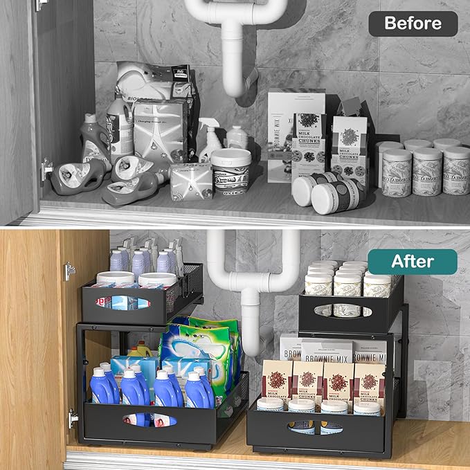 Housolution 1 Pack Large Under Sink Organizer, 2 Tier Metal Pull Out Under Sink Storage with Sliding Mesh Drawers, Height Adjustable Slide Out Under Cabinet Organizer for Kitchen Bathroom, Black