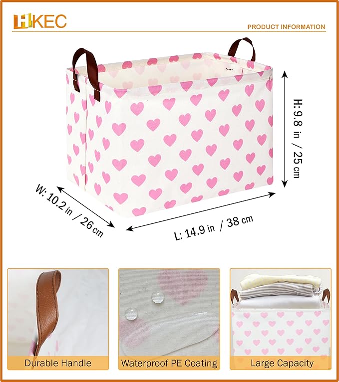 Rectangle Pink Heart Gift Basket,Storage Basket for Girls, Room Decor, Books Shelf Baskets (Pink Heart)