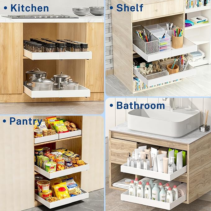 Pull Out Cabinet Organizer Expandable Width(12.2"-20.47") & 21"Deep, Insputer No Drill Adhesive Slide Out Drawers with Upgrade 3 Slide Rails, Magnetic Panel, Roll Out Shelf for Kitchen, Pantry White