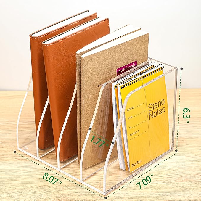 Acrylic Magazine File Holder, 4 Vertical Compartments Desk Document Sorter Organizer, Clear Folder Rack Binder for Office, Documents, Tablets, Magazines, Books – Home/Classroom Rack